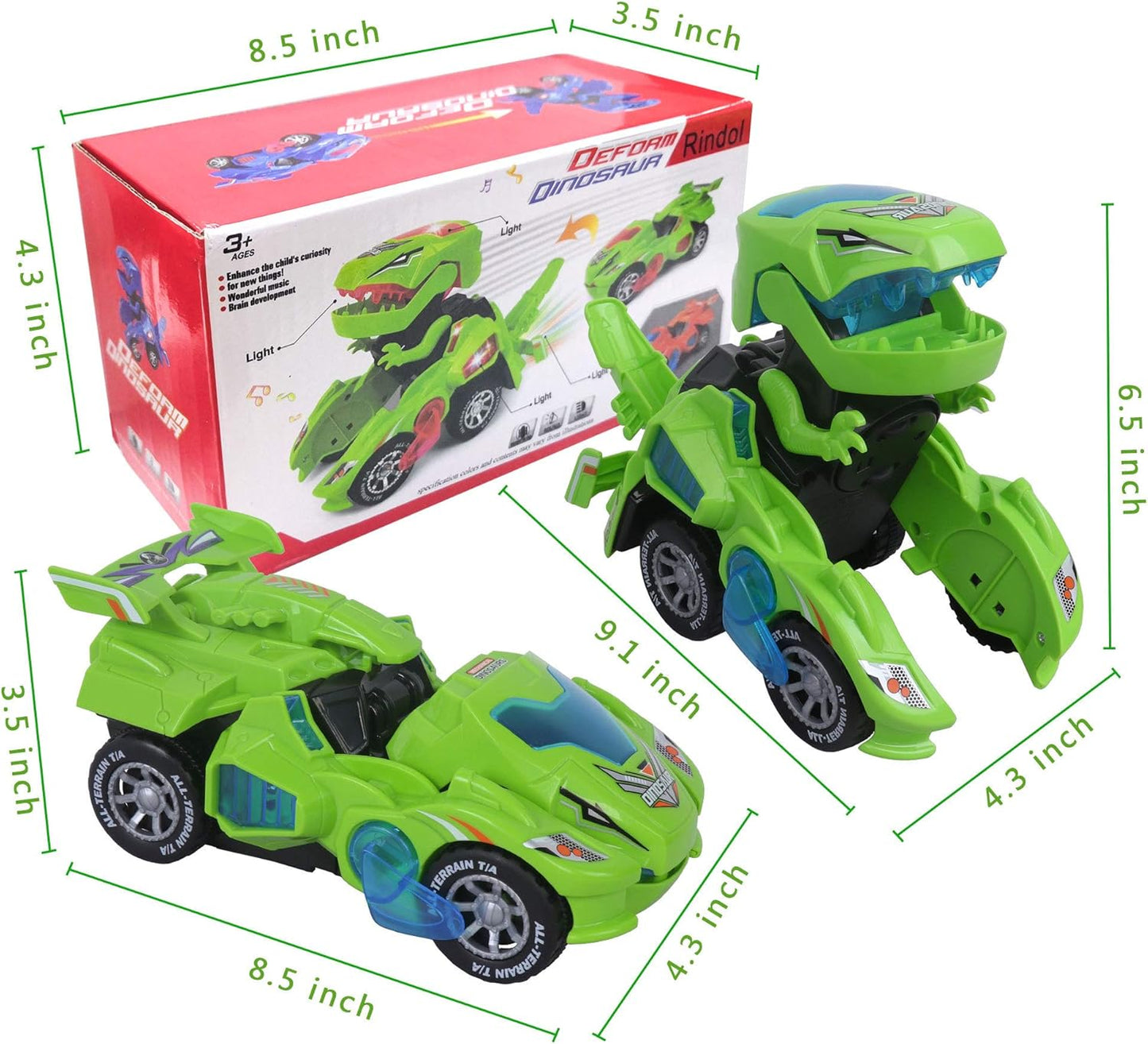 Toys for 3-6 Year Old Boys Transforming Car Toys with LED Light and Music Dinosaur Toy Birthday Gifts for 4 5 6 7 Year Old Boy (Green)