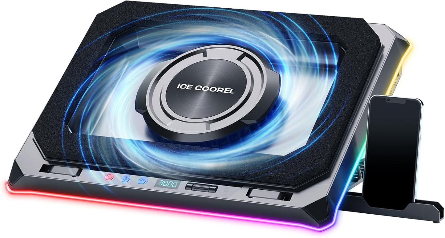 Gaming Laptop Cooling Pad with Powerful Turbofan, Laptop Fan Cooling Pad for Laptop 15-21 Inches, RGB Laptop Cooler Stand with 8 Height Adjustable, Infinitely Variable Speed, LCD Screen