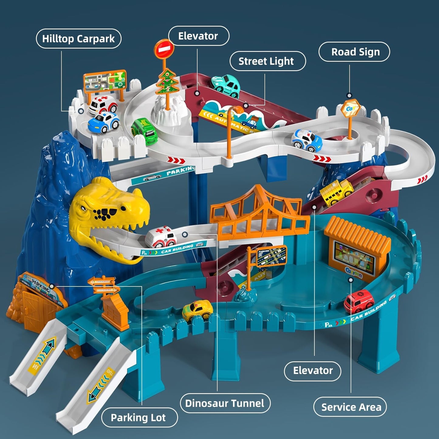 Boys Dinosaur Race Track Playset - Dinosaur Rolling Hill Car Track for Kids, ...