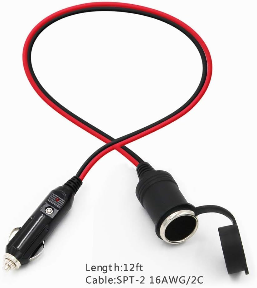 12FT Car Cigarette Lighter Extension Cord 12FT - Male Plug to Female Socket 16AWG Heavy Duty Extension Cable with LED Lights Power for Tire Pump, Air Compressor (12FT)