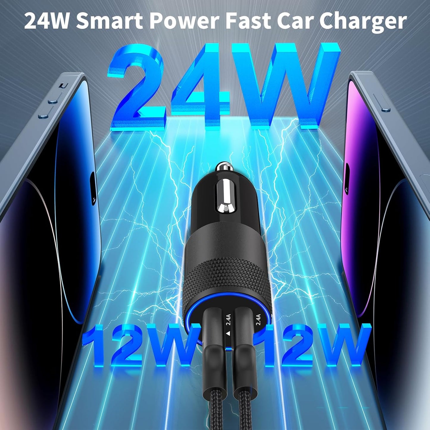 【Mfi Certified】Iphone Car Charger Fast Charging, 4.8A Dual USB Smart Power Cigarette Lighter USB Car Charger with 2Pack Lightning Braided Cable for Iphone 14 13 12 11 Pro XS Mini XR X SE Ipad