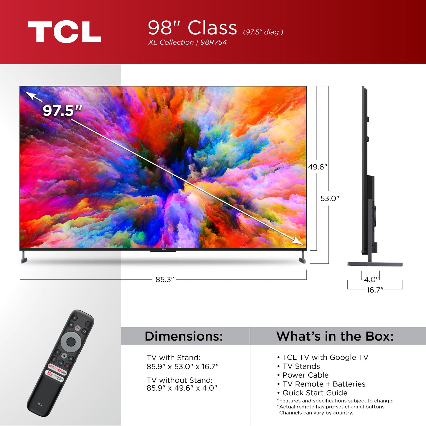 98" Class XL Collection 4K UHD QLED Dolby Vision HDR Smart Google TV, 98R754