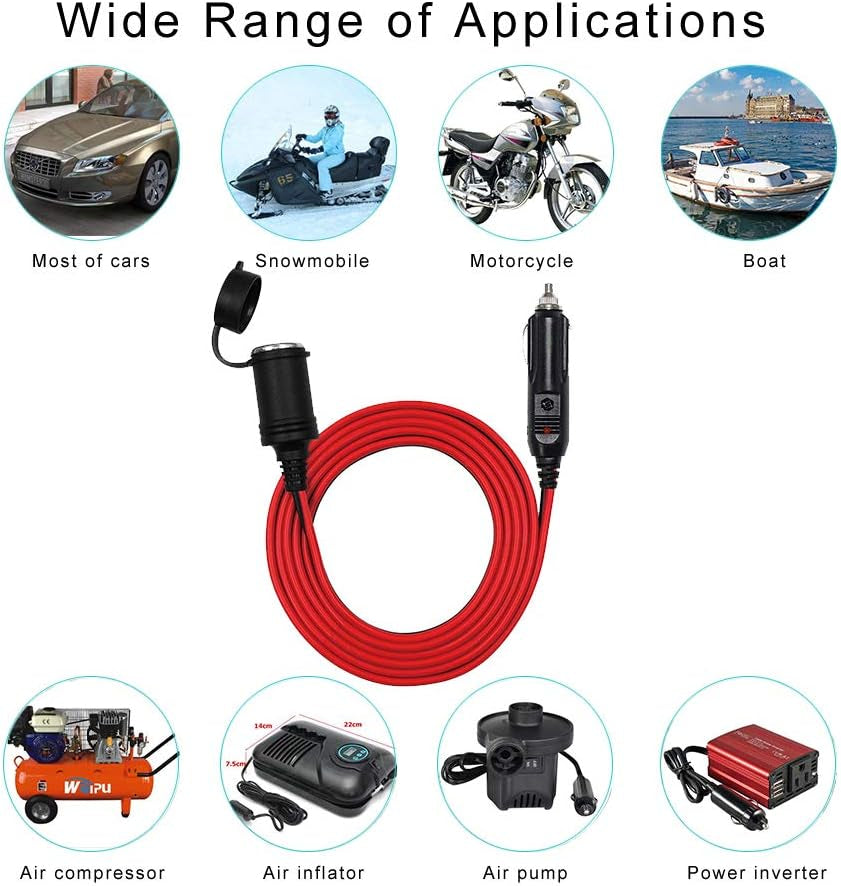 12FT Car Cigarette Lighter Extension Cord 12FT - Male Plug to Female Socket 16AWG Heavy Duty Extension Cable with LED Lights Power for Tire Pump, Air Compressor (12FT)