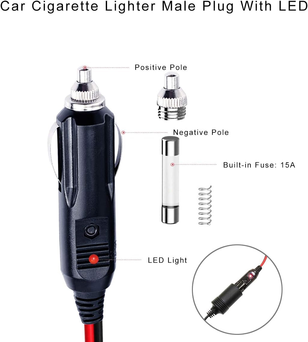 12FT Car Cigarette Lighter Extension Cord 12FT - Male Plug to Female Socket 16AWG Heavy Duty Extension Cable with LED Lights Power for Tire Pump, Air Compressor (12FT)