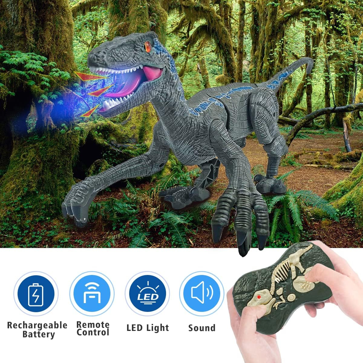 18'' Remote Control Dinosaur Toys 2.4Ghz Walking Rechargeable 3D Eyes Dinosaur Robot Toys for Kids RC Dinosaur Toys with Roaring Sounds Stomp Tail Movement Gift for Kids Boys Girls Ages 3-12 Gray