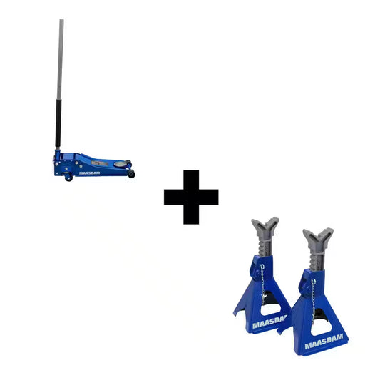 3-Ton Low Profile Floor Jack with Quick Lift and 3-Ton Jack Stands in Blue