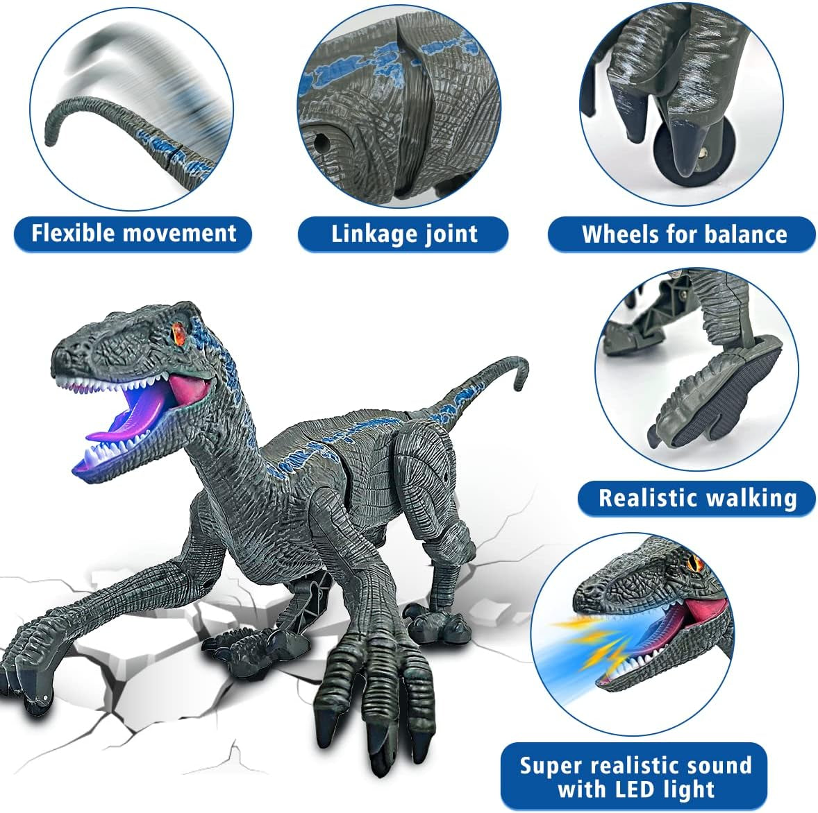 18'' Remote Control Dinosaur Toys 2.4Ghz Walking Rechargeable 3D Eyes Dinosaur Robot Toys for Kids RC Dinosaur Toys with Roaring Sounds Stomp Tail Movement Gift for Kids Boys Girls Ages 3-12 Gray