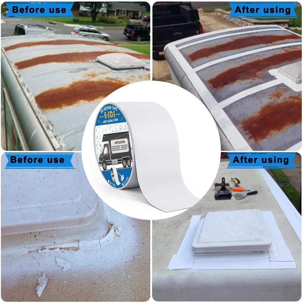 RV Roof Tape 4" X50' with Rubber Roller, RV Tape Sealant Waterproof for Roof Repair, Window, Boat Sealing, Trailer and Camper Leaks