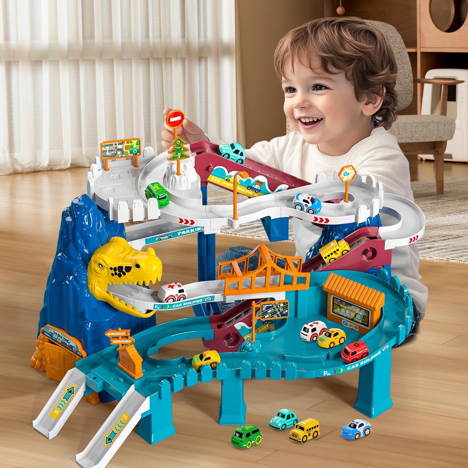Boys Dinosaur Race Track Playset - Dinosaur Rolling Hill Car Track for Kids, ...