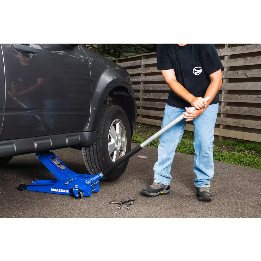3-Ton Low Profile Floor Jack with Quick Lift and 3-Ton Jack Stands in Blue