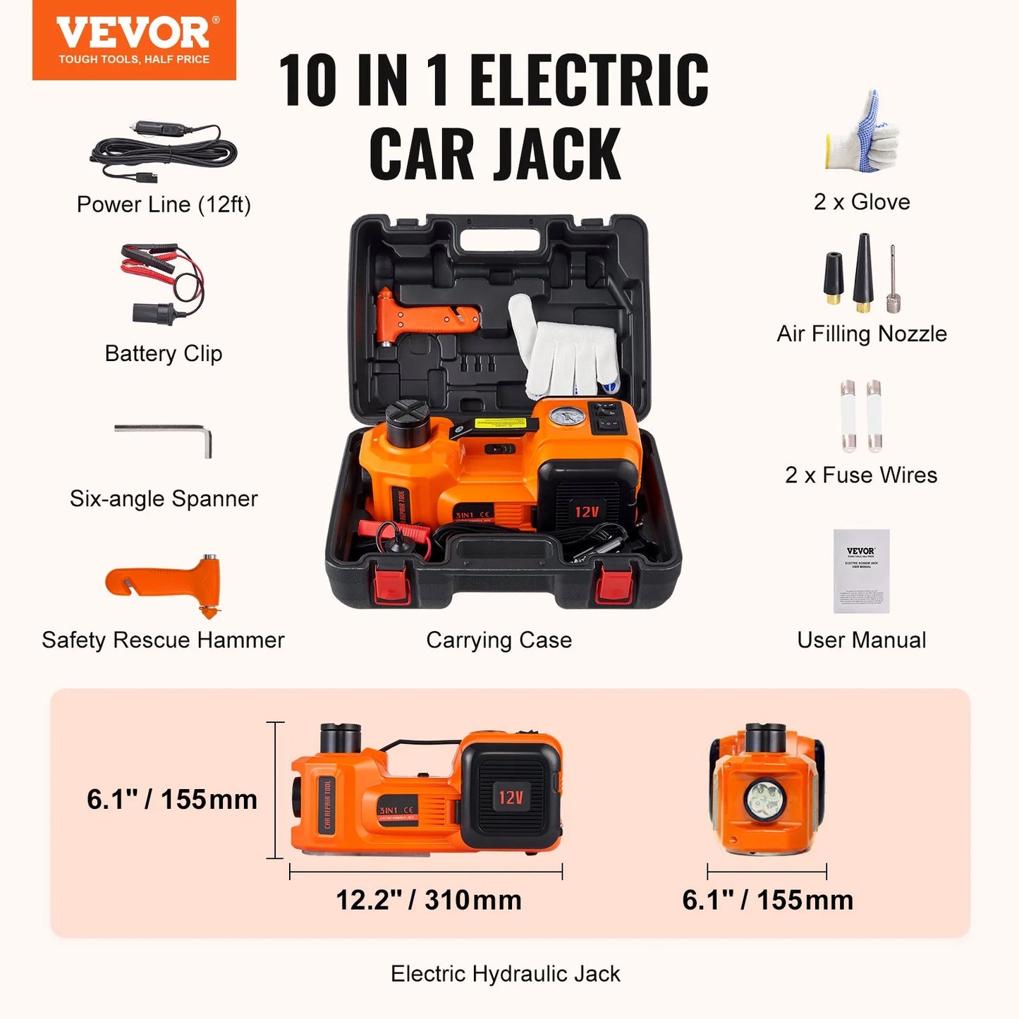 VEVOR Electric Car Jack, 5 Ton/11023 LBS Hydraulic Car Jack, Portable Car Jack Lifting with Built-In Inflatable Pump and LED Light, Car Jack for SUV MPV Sedan Truck Change Tires Garage Repair