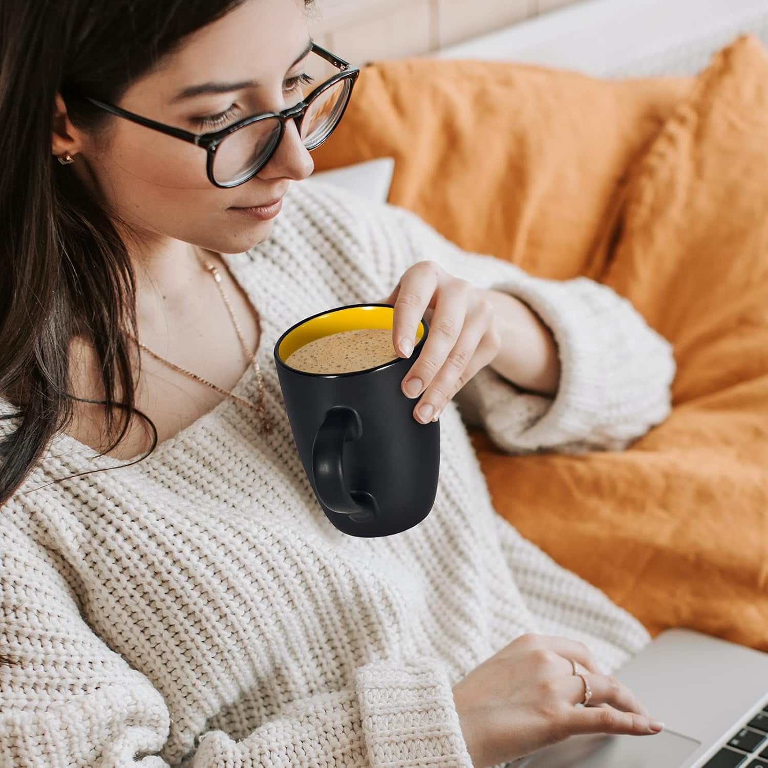 Ceramic Coffee Cup, 16Oz Porcelain Mug with Handle for Office and Home, Large Black Cup for Coffee Tea Cocoa Juice, Yellow