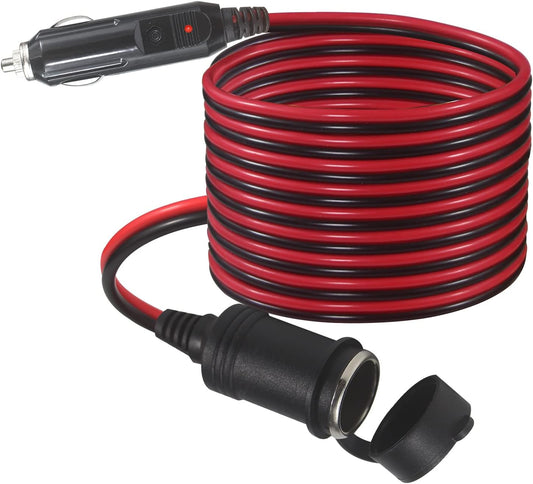 12FT Car Cigarette Lighter Extension Cord 12FT - Male Plug to Female Socket 16AWG Heavy Duty Extension Cable with LED Lights Power for Tire Pump, Air Compressor (12FT)