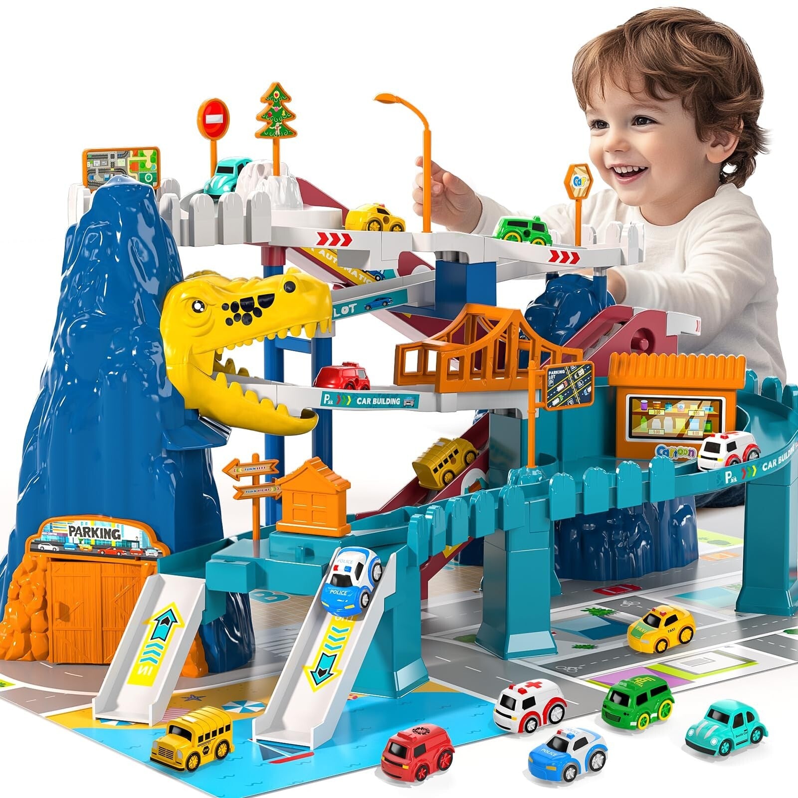 Boys Dinosaur Race Track Playset - Dinosaur Rolling Hill Car Track for Kids, ...