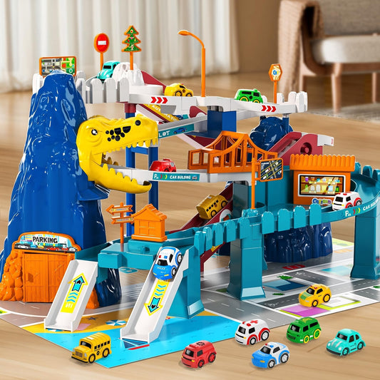 Boys Dinosaur Race Track Playset - Dinosaur Rolling Hill Car Track for Kids, ...