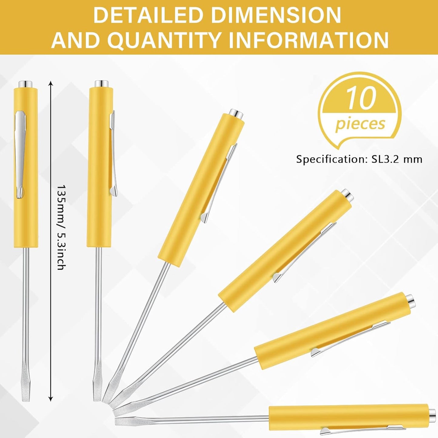 10 Pieces Pocket Screwdriver Mini Tops and Pocket Clips Magnetic Slotted Small Screw Driver with a Single Blade Head for Mechanical, Electrician(Yellow)