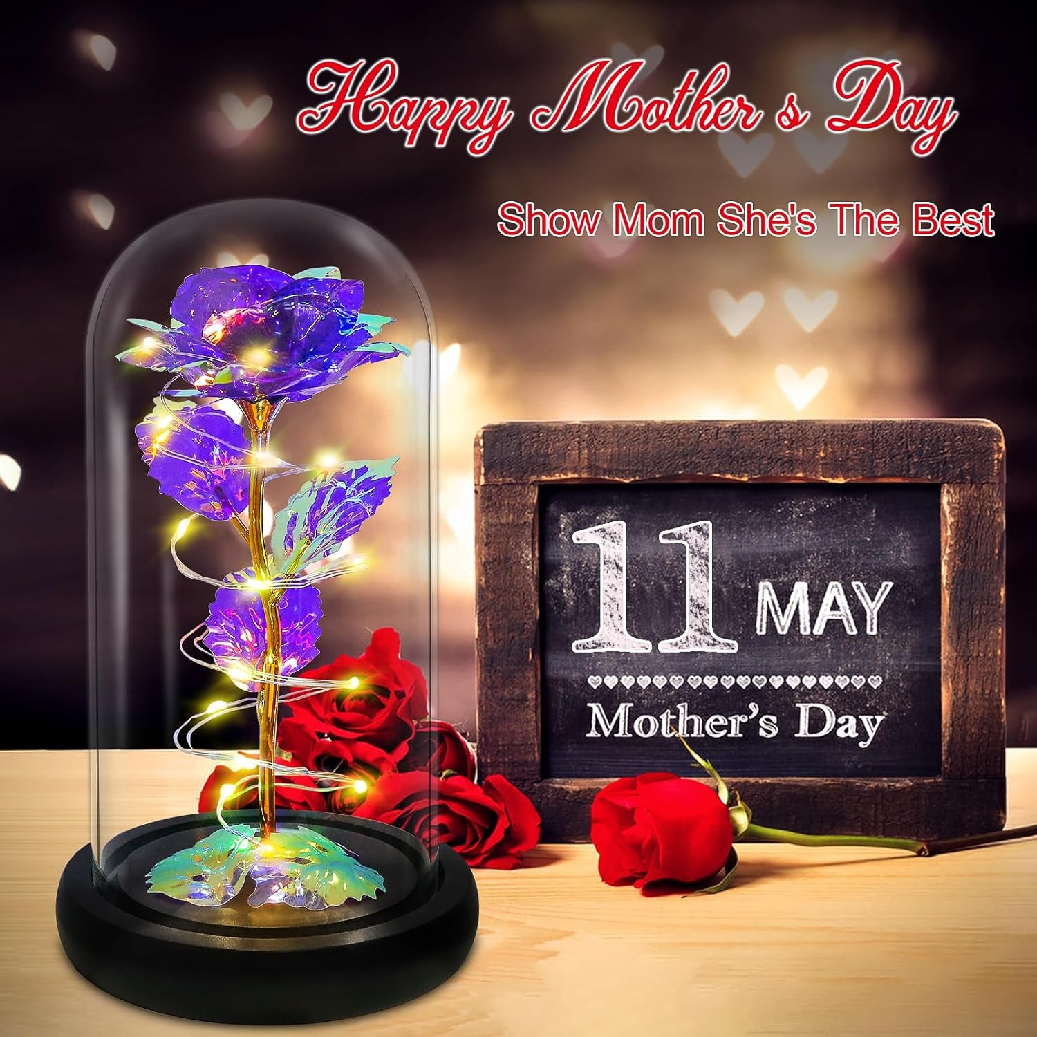 Mothers Day Flower Gifts for Mom,Birthday Gifts for Women,Rose Flower Mom Gift for Her Wife Grandma Anniversary,Colorful Purple Light up Rose in a Glass Dome from Daughter Son