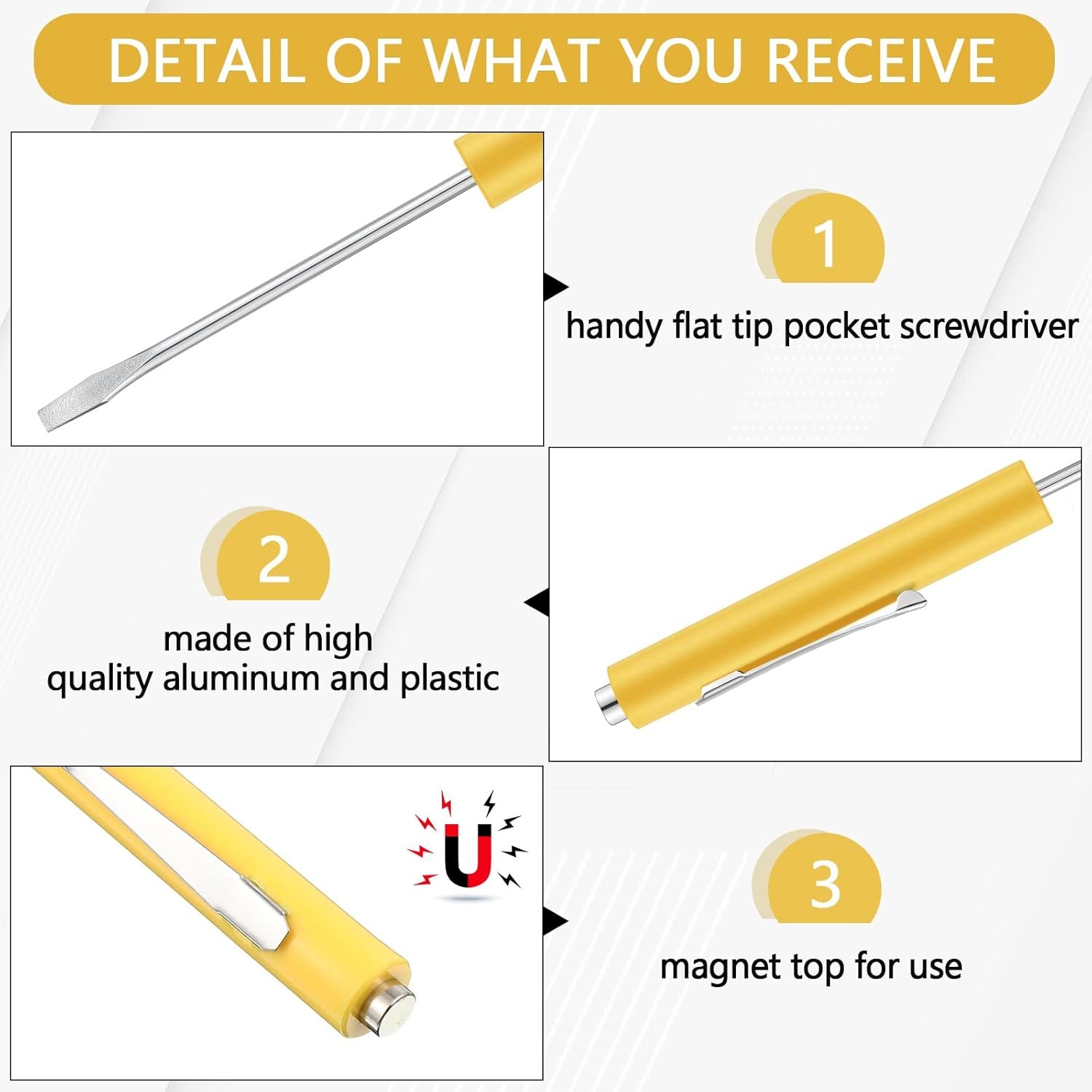 10 Pieces Pocket Screwdriver Mini Tops and Pocket Clips Magnetic Slotted Small Screw Driver with a Single Blade Head for Mechanical, Electrician(Yellow)