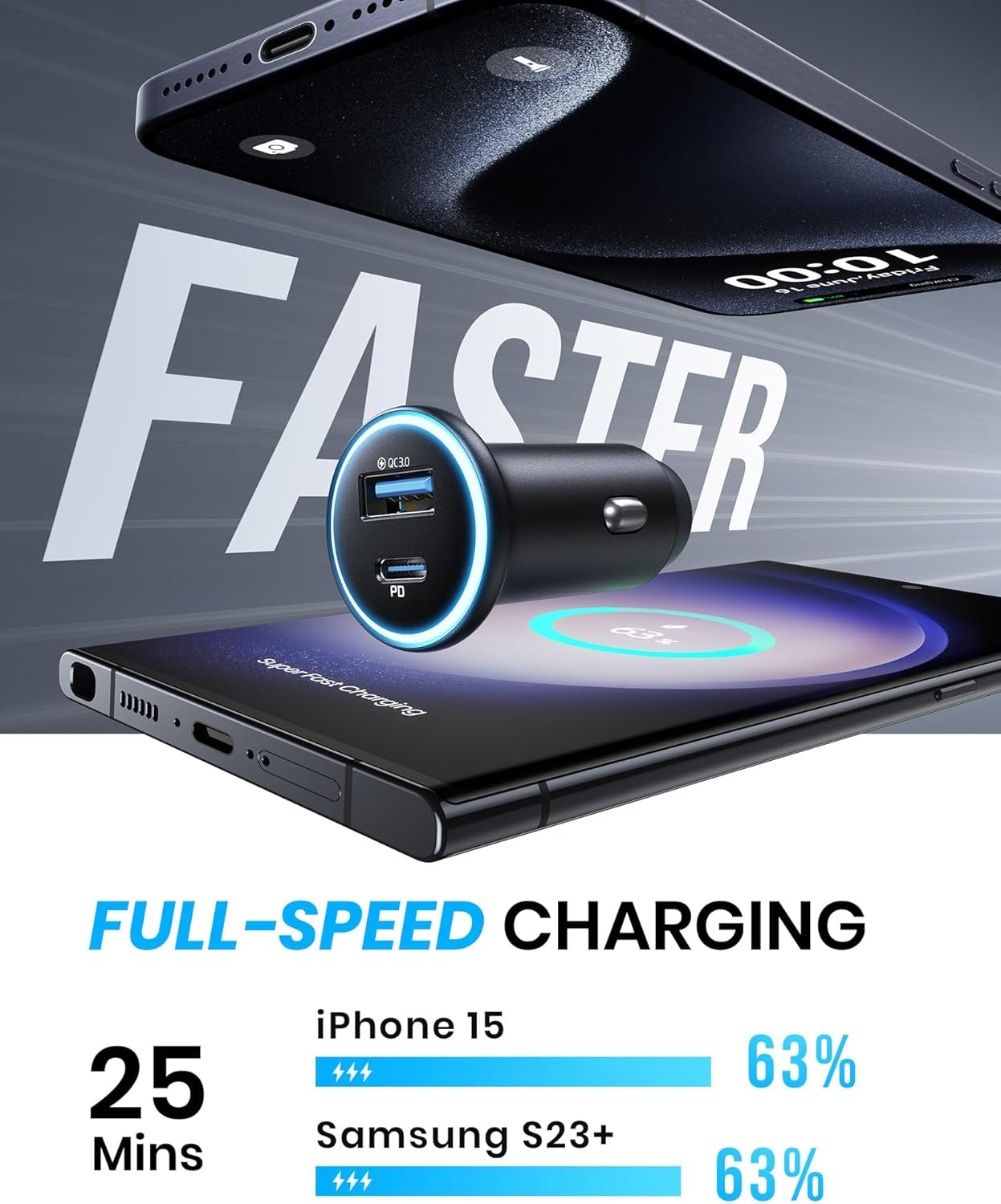 USB C Car Charger, 66W USB-C & USB-A Fast Charging Cigarette Lighter Adapter, Car Power Adapter PD QC3.0 Mini Car Phone Charger, for Iphone 16 15 14 Pro Max Samsung Galaxy S25 S24 S23, Ipad Pro