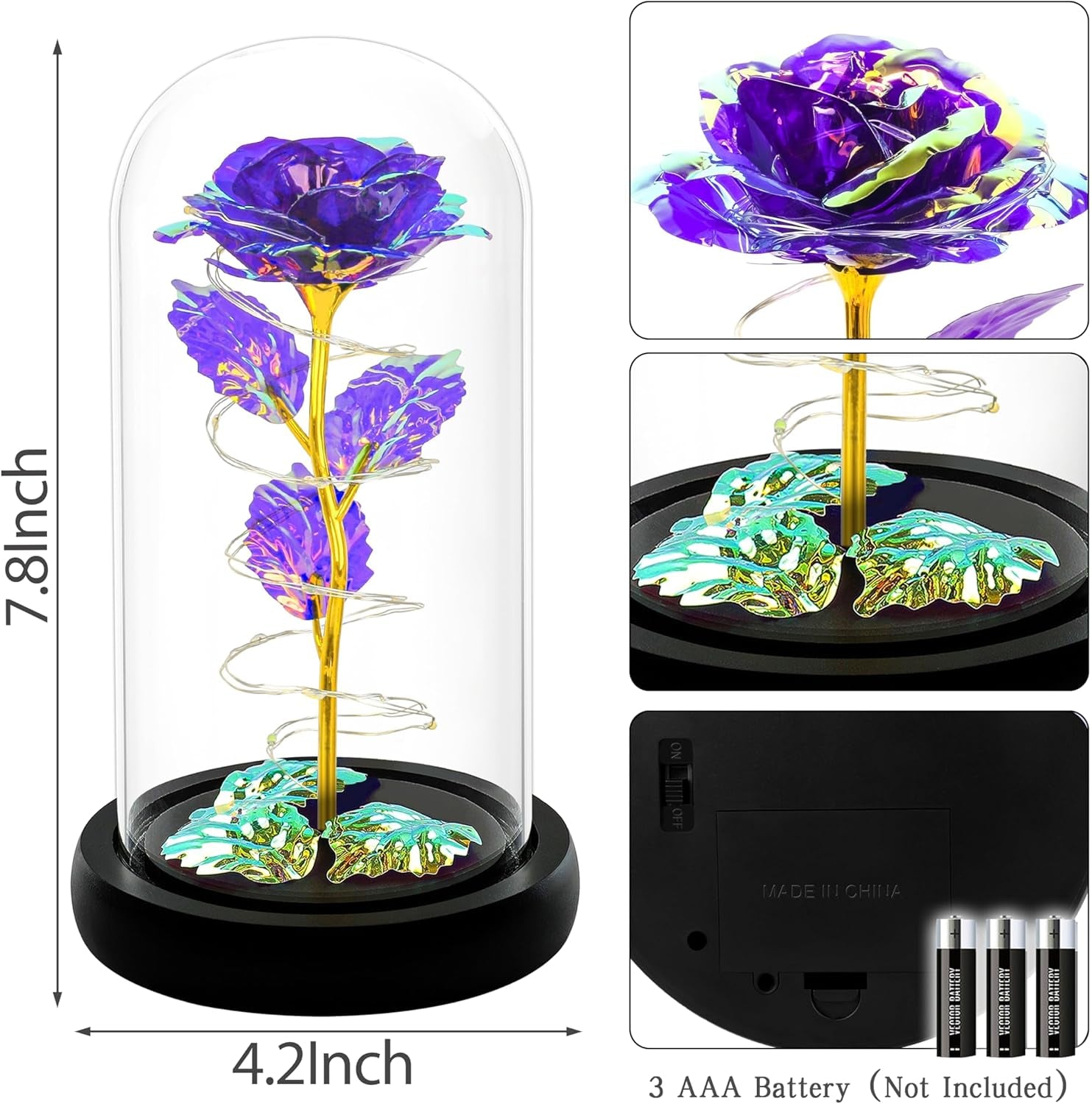 Mothers Day Flower Gifts for Mom,Birthday Gifts for Women,Rose Flower Mom Gift for Her Wife Grandma Anniversary,Colorful Purple Light up Rose in a Glass Dome from Daughter Son