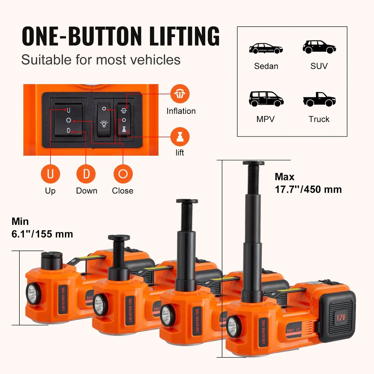 VEVOR Electric Car Jack, 5 Ton/11023 LBS Hydraulic Car Jack, Portable Car Jack Lifting with Built-In Inflatable Pump and LED Light, Car Jack for SUV MPV Sedan Truck Change Tires Garage Repair